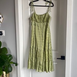 Lulu’s Tie Strap Rouched Bodice Green Sundress with Metallic Shimmer